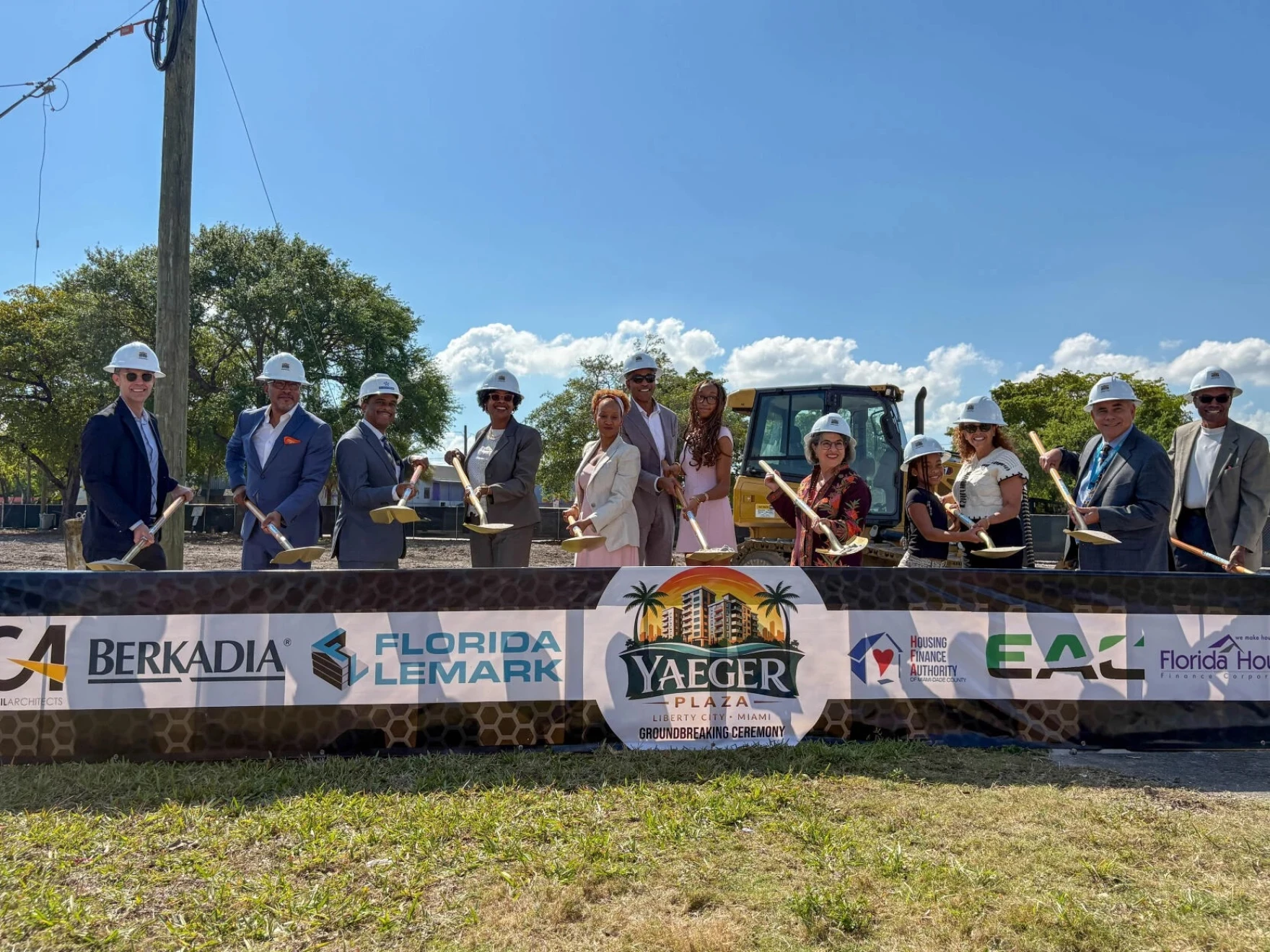 Ivan Yaeger, Miami-Dade County Mayor Daniella Levine Cava, City of Miami Chairwoman Christine King, and members of the Yaeger family break ground on the $60 million Yaeger Plaza affordable housing development in Liberty City, April 2026