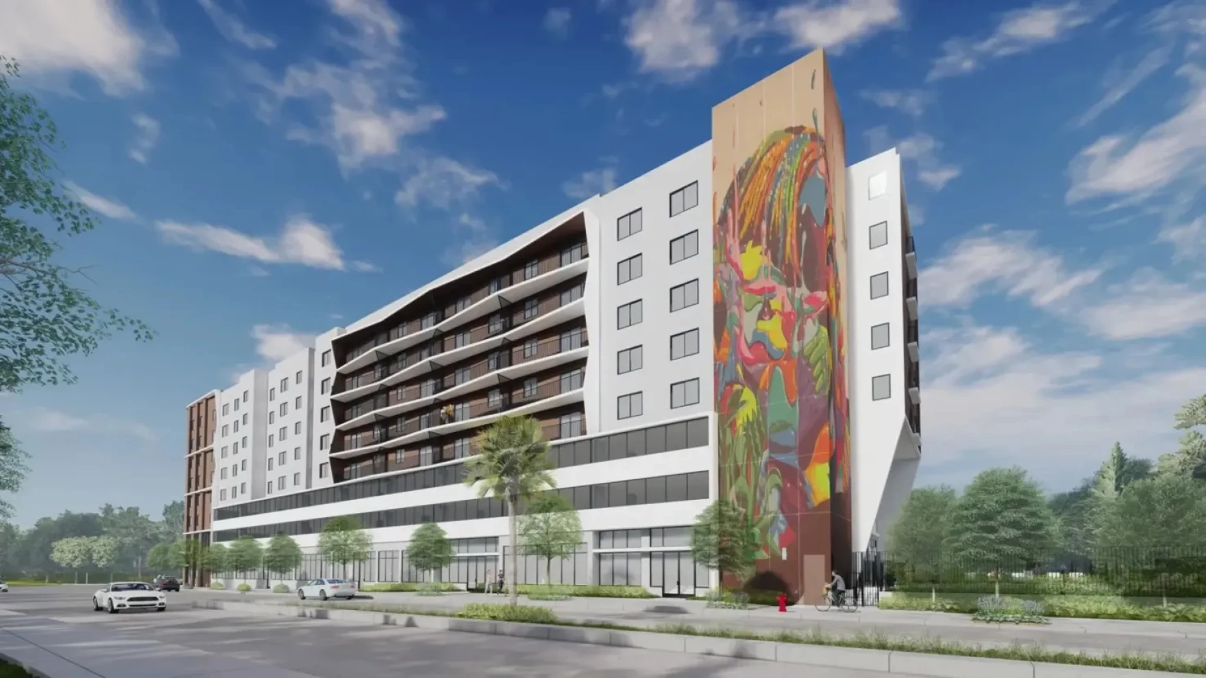 Architectural rendering of Yaeger Plaza, the $60 million mixed-use affordable housing development featuring 135 apartments, a new clinic, STEM center, and museum at 1177 NW 62nd Street in Miami's Liberty City